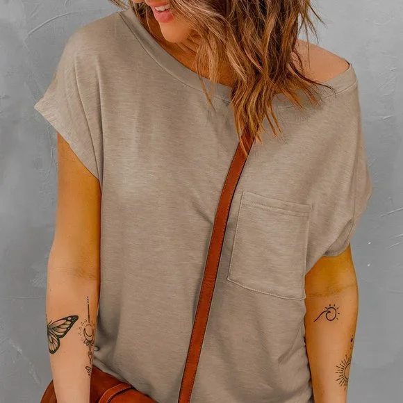 Off The Shoulder Pocket Tee Light Brown - Picture 4 of 9